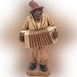 Vintage (1990) Wood Carved Statue Man w/Accordion ~11” tall